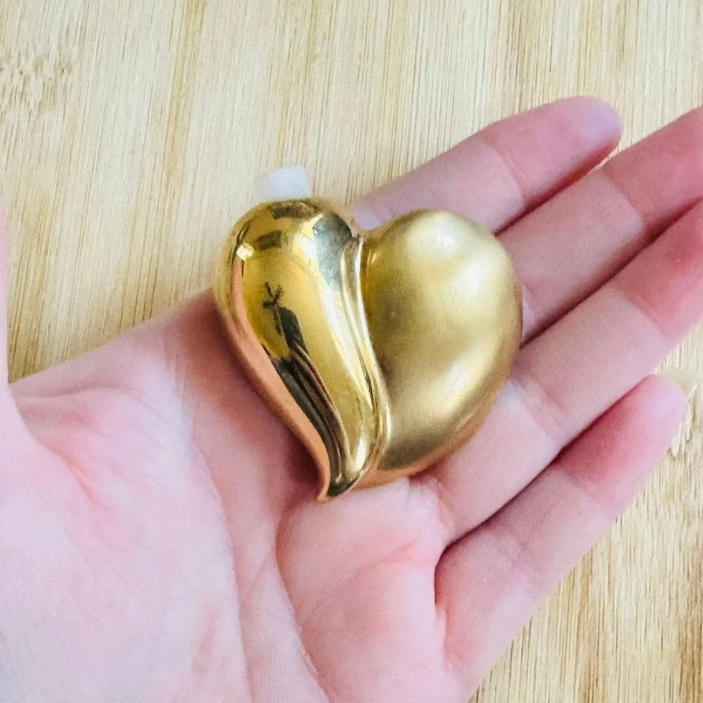 VTG Givenchy Puffy Heart Brooch Pin Perfume Holder‎ Satin Gold Chunky Iconic 90s